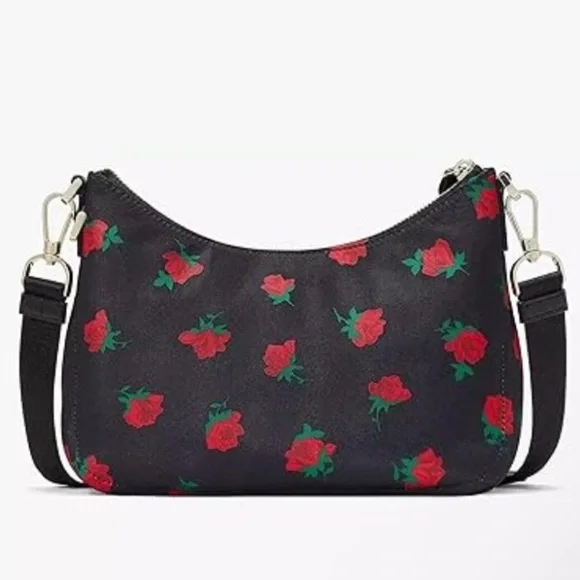 Kate Spade NewYork Chelsea Black Nylon Crossbody Bag & Pouch Red Roses KE437 - Picture 5 of 9